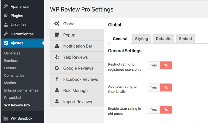 WP Review Pro Settings