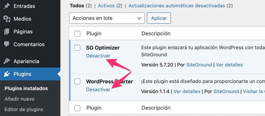 Desactivar plugins WordPress
