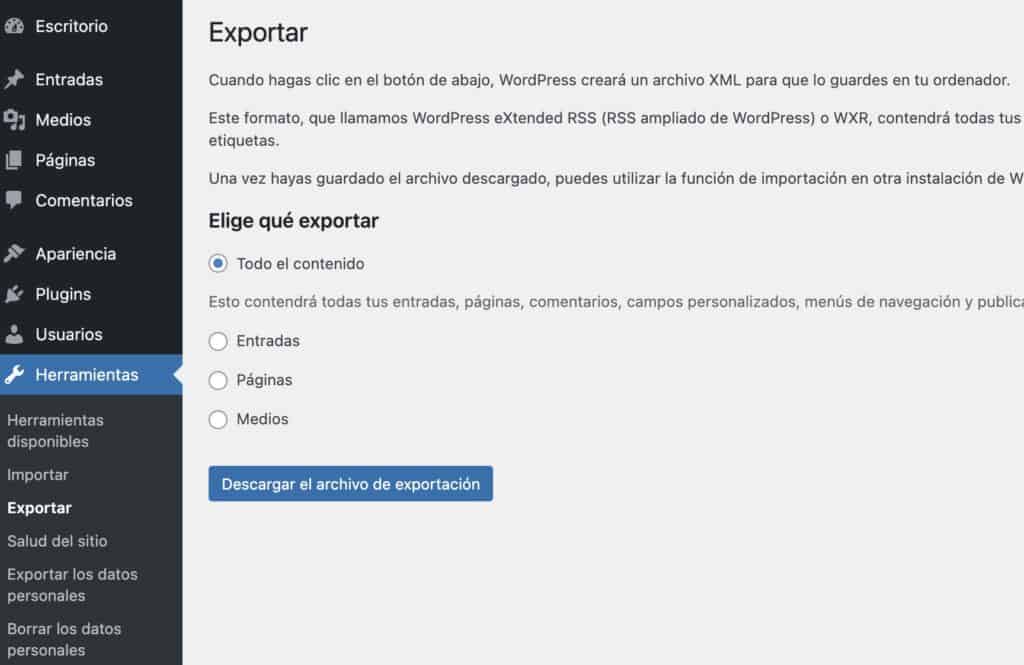 Exportar Contenido WordPress