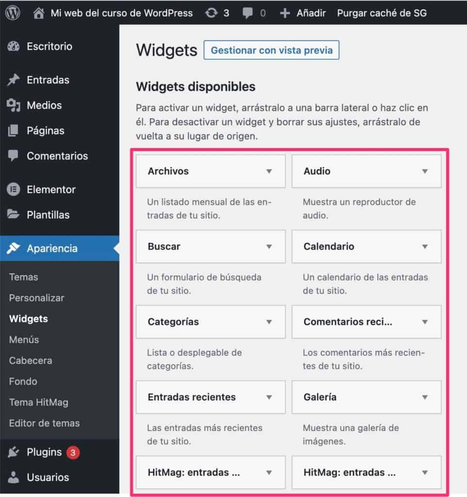 Widgets Disponibles WordPress