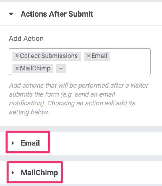 añadir campos email y maklchimp en actions after submit 