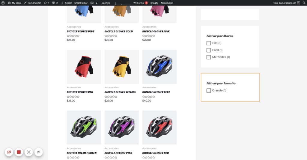 captura de pantalla de la tienda con el resultado final de crear filtros con atributos en WooCommerce