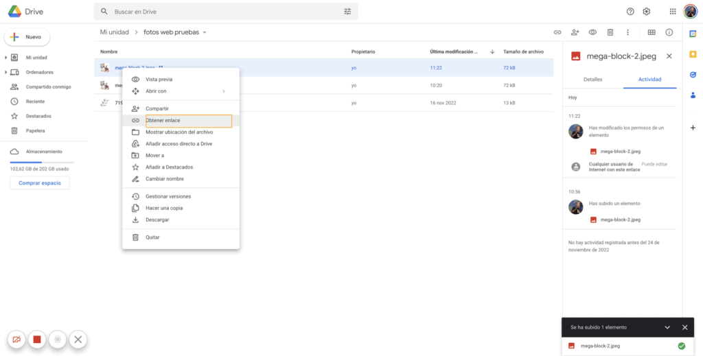 Capture d'image à partir de Google Drive, sélection d'un fichier et clic droit pour cliquer sur Obtenir le lien