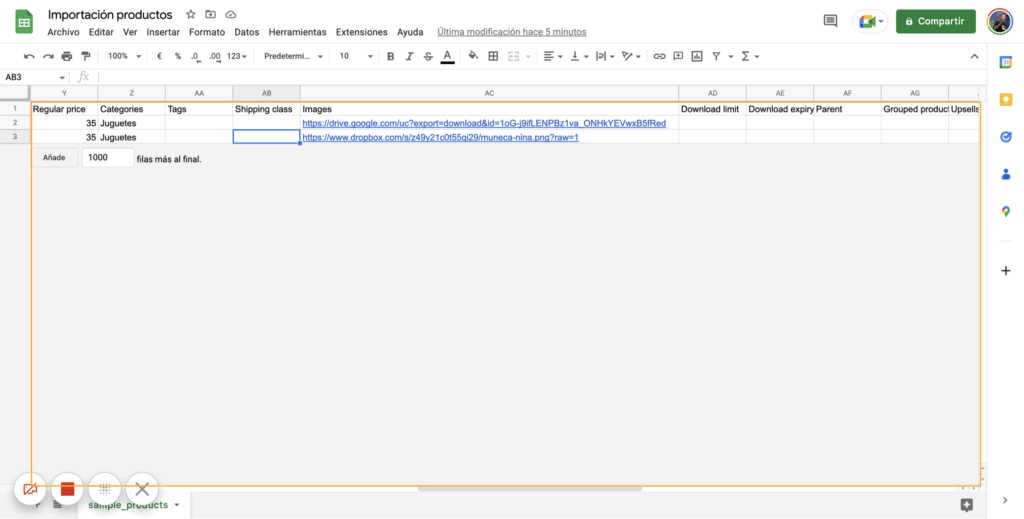 Google sheet con la url de la imagen de dropbox