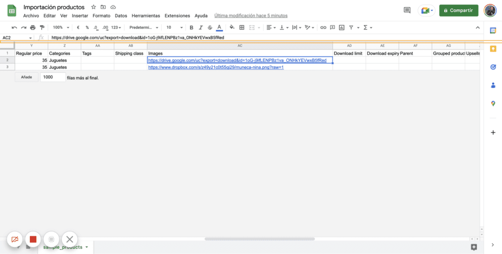 Screenshot di Google Sheet che seleziona il percorso di un'immagine ospitata su Google Drive