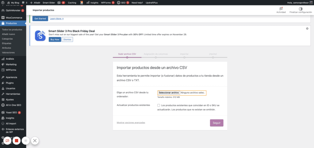 captura de pantalla de WordPress importando un fichero csv de productos