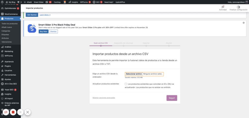 WordPress screenshot importing a csv file of products