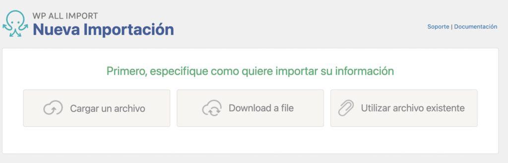 captura de pantalla de WP All import en la pantalla de cargar un archivo