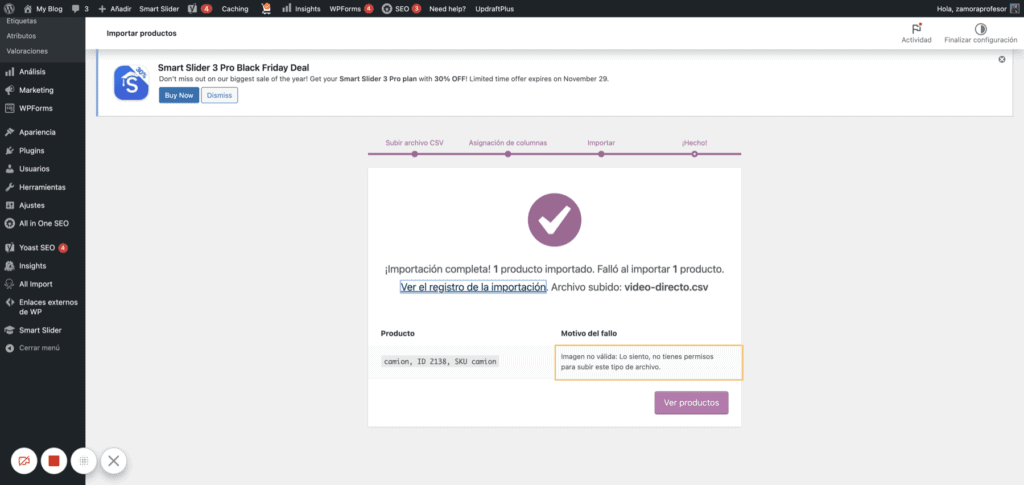 Captura de tela do resultado da importação do produto no WooCommerce