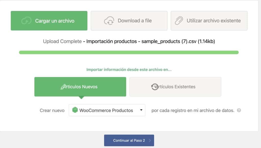 captura de pantalla de wp all impor seleccionando el tipo de contenido WooCommerce Productos