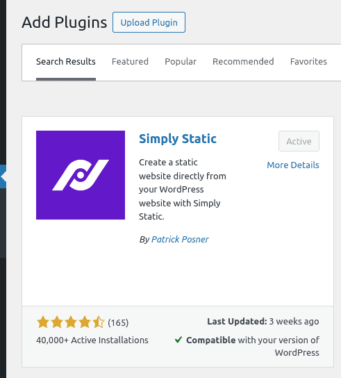 screenshot of simply static plugin installation